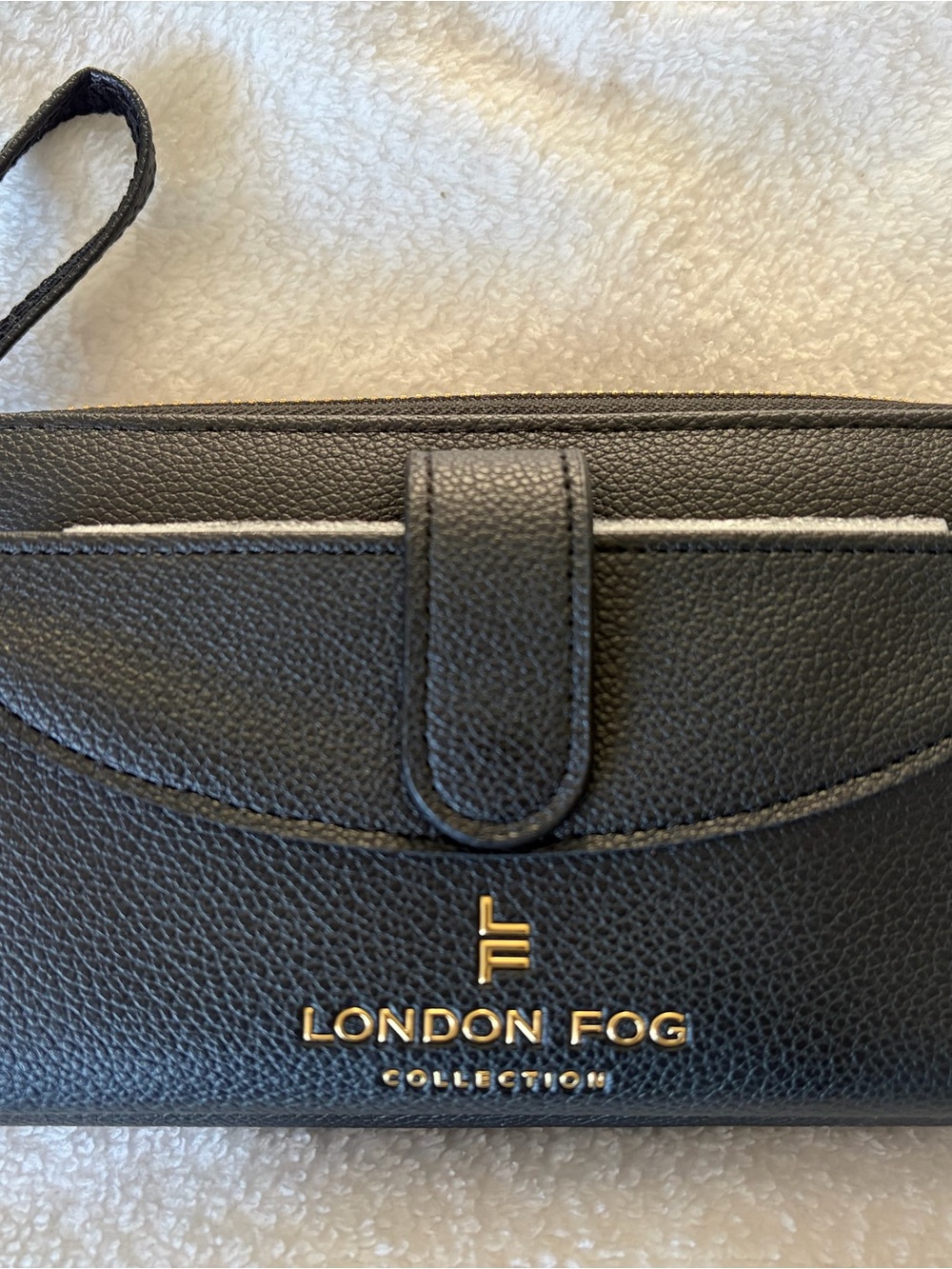 London Fog Black Pebbled Wristlet with Gold Logo